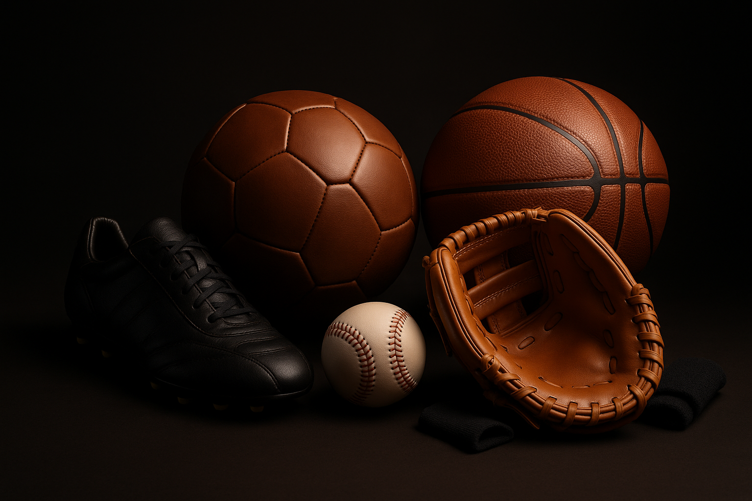 creame una imagen de deportes, una combinación de deportes tipo futbol, basquet beisbol, con un tono profesional y elegante, no tiene que decir Sporta, pero que se vean y aprecien artículos deportivos